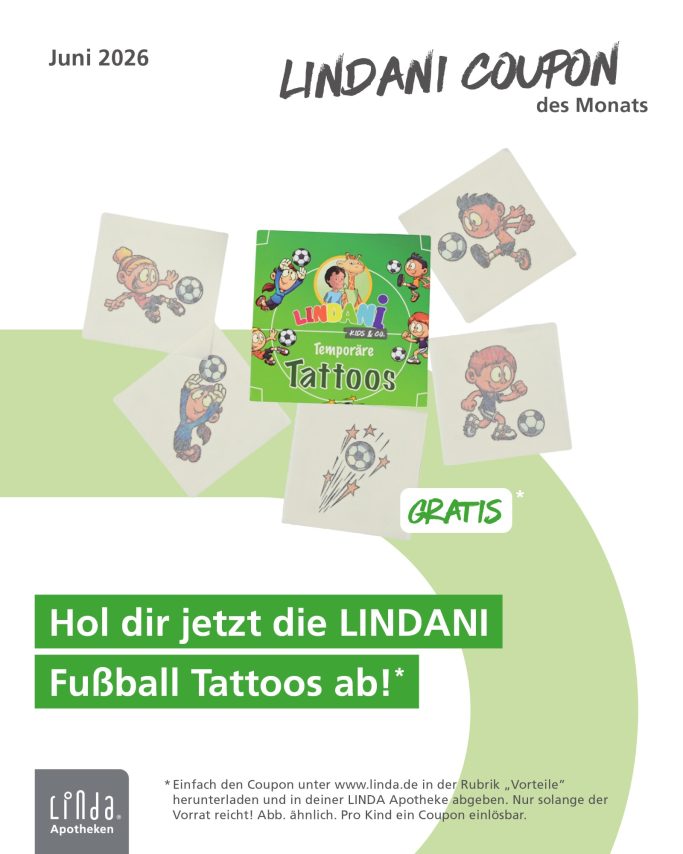 LINDANI Coupon Lindani Gutschein mit Fußball-Tattoos und bunten Figuren.