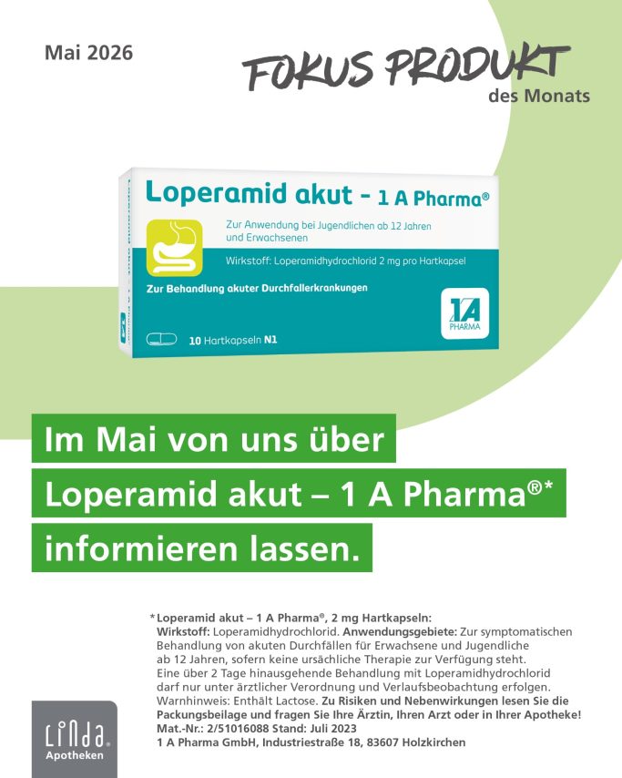 Fokus Produkt Packungsdesign für Loperamid akut 1 A Pharma mit Informationen zur Anwendung.