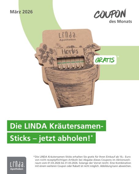 Coupon Überschrift „COUPON des Monats“. Abgebildet sind LINDA Kräutersamen-Sticks in Form eines Blumentopfs mit „GRATIS“-Kennzeichnung