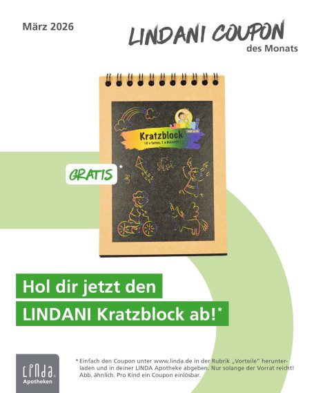 LINDANI Coupon Überschrift „LINDANI COUPON des Monats“. Abgebildet ist ein Kratzblock mit bunten Motiven und „GRATIS“-Kennzeichnung. Text: „Hol dir jetzt d