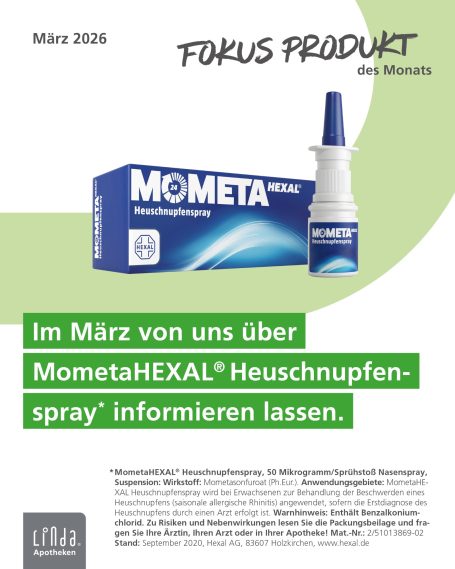 Fokus Produkt Überschrift „FOKUS PRODUKT des Monats“. Abgebildet ist MometaHEXAL® Heuschnupfenspray (Nasenspray). Text: „Im März von uns über MometaHEXAL®