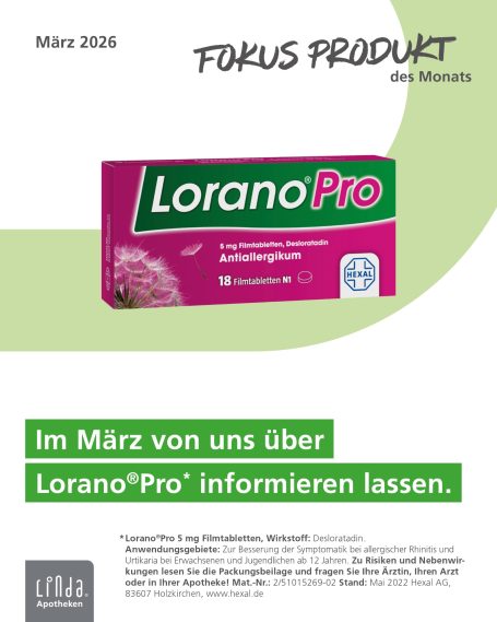 Fokus Produkt Überschrift „PRODUKT des Monats“. Abgebildet sind Lorano®Pro 18 Filmtabletten und ein schwarzer LINDA Faltbeutel.