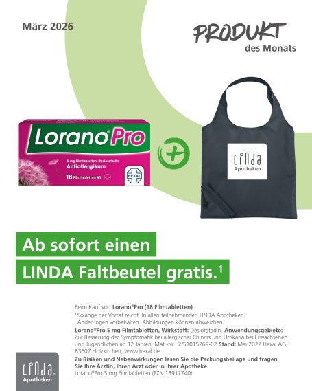 Produkt des Monats Überschrift „PRODUKT des Monats“. Abgebildet sind Lorano®Pro 18 Filmtabletten und ein schwarzer LINDA Faltbeutel.