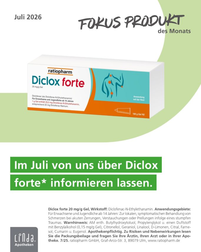 Fokus Produkt Verpackung von Dicloxforte mit Hinweis auf Informationen im Juli 2016.