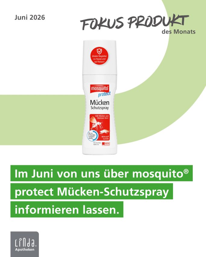 Fokus Produkt Produktbeschreibung: Mücken-Schutzspray in einer weißen Flasche mit rotem Logo.