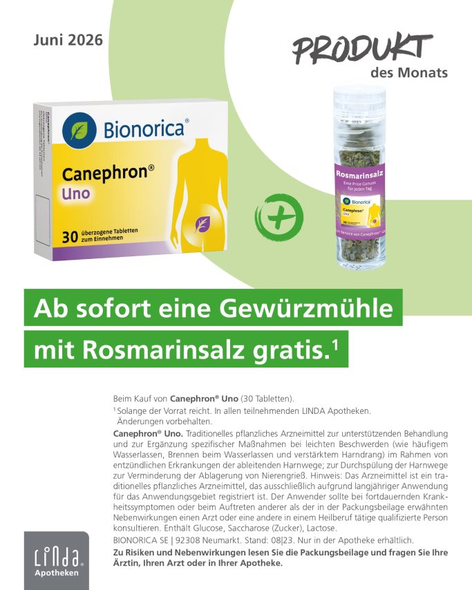 Produkt des Monats Produktinformation von Bionorica über Camedron UNO mit Werbeaktion für Gewürzmühle.