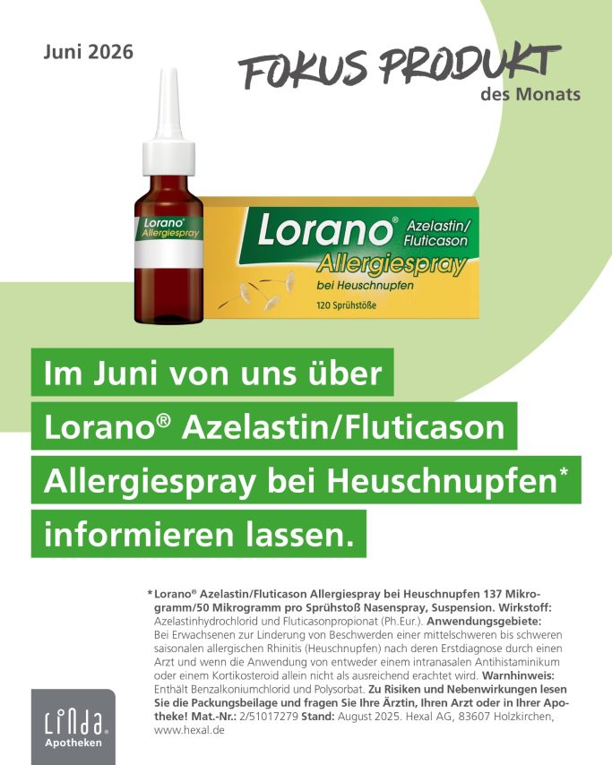 Fokus Produkt Allergiespray Lorano® mit Azelastin/Fluticason zur Linderung von Heuschnupfen.
