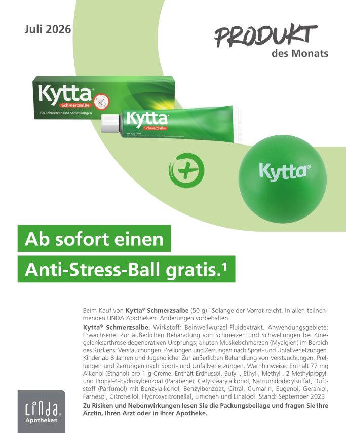 Produkt des Monats Kyttasalbe und ein kostenloser Anti-Stress-Ball, Produktinformation Juli 2016.