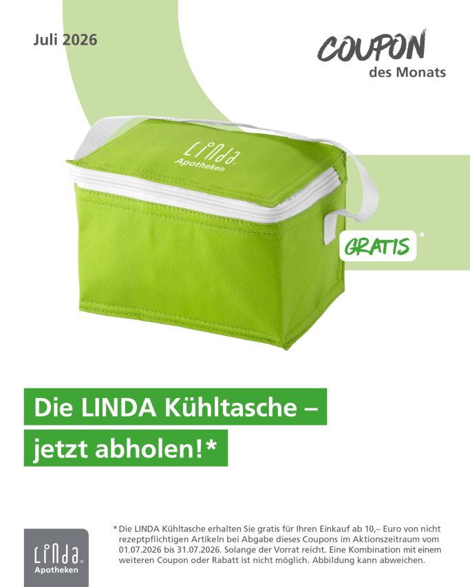 Linda Coupon Grüne Kühltasche mit weißem Reißverschluss und dem Aufdruck "LINDA".