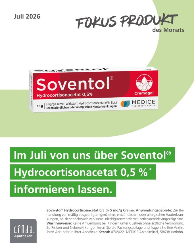 Fokus Produkt Soventol®-Produktinformation über Hydrocortisonacetat 0,5 % vom Juli 2016.
