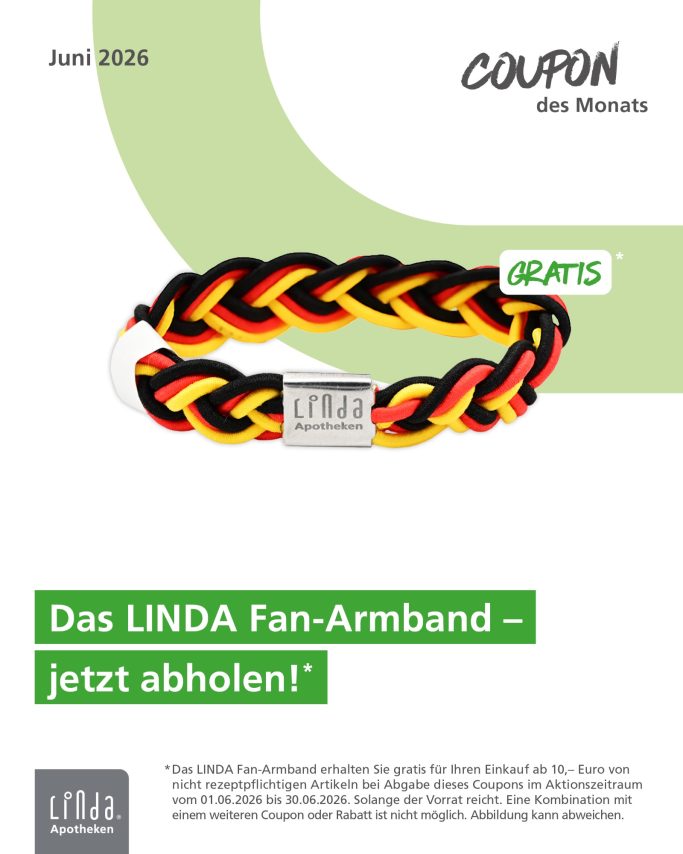 LINDA Coupon Schwarzes, rotes und gelbes Fan-Armband mit dem Text "Das LINDA Fan-Armband – jetzt abholen!"