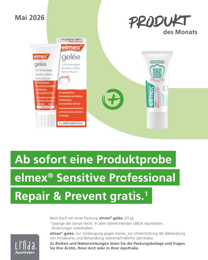 Produkt des Monats Zwei Tuben elmex Sensitive Professional mit Text zur Gratis-Probe im Mai 2026.