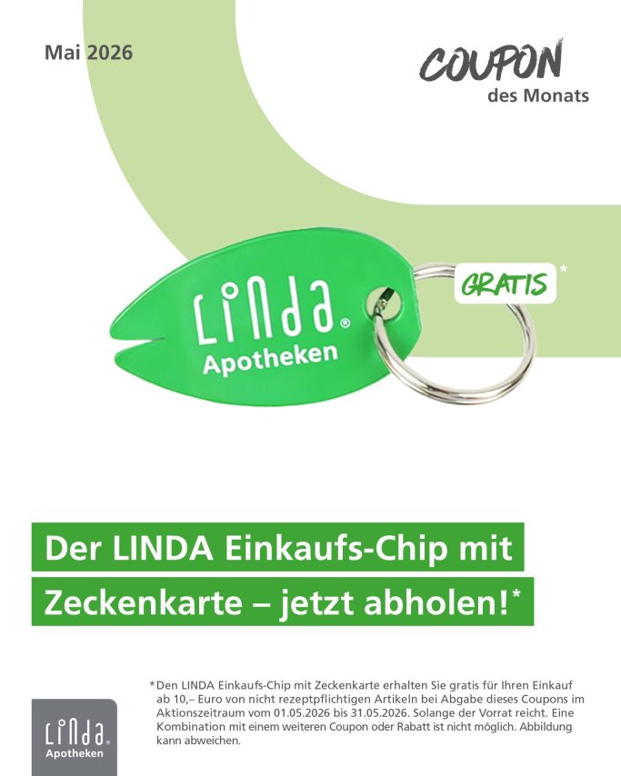 LINDA Coupon Grüner Einkaufs-Chip von LINDA Apotheken mit Zeckenkarte, erhältlich im Mai 2023.